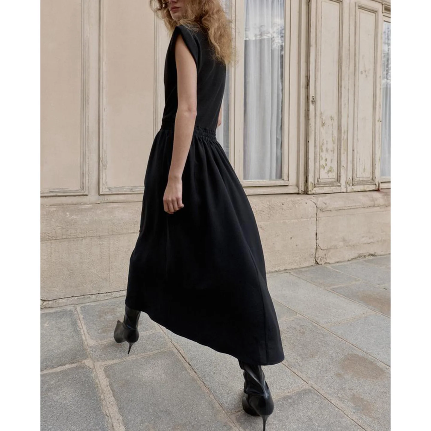 Autumn Winter New American Sle High Collar Svel  Knot Tie Splice Long Dr Ladies Casual Loose Fit A-Line S...