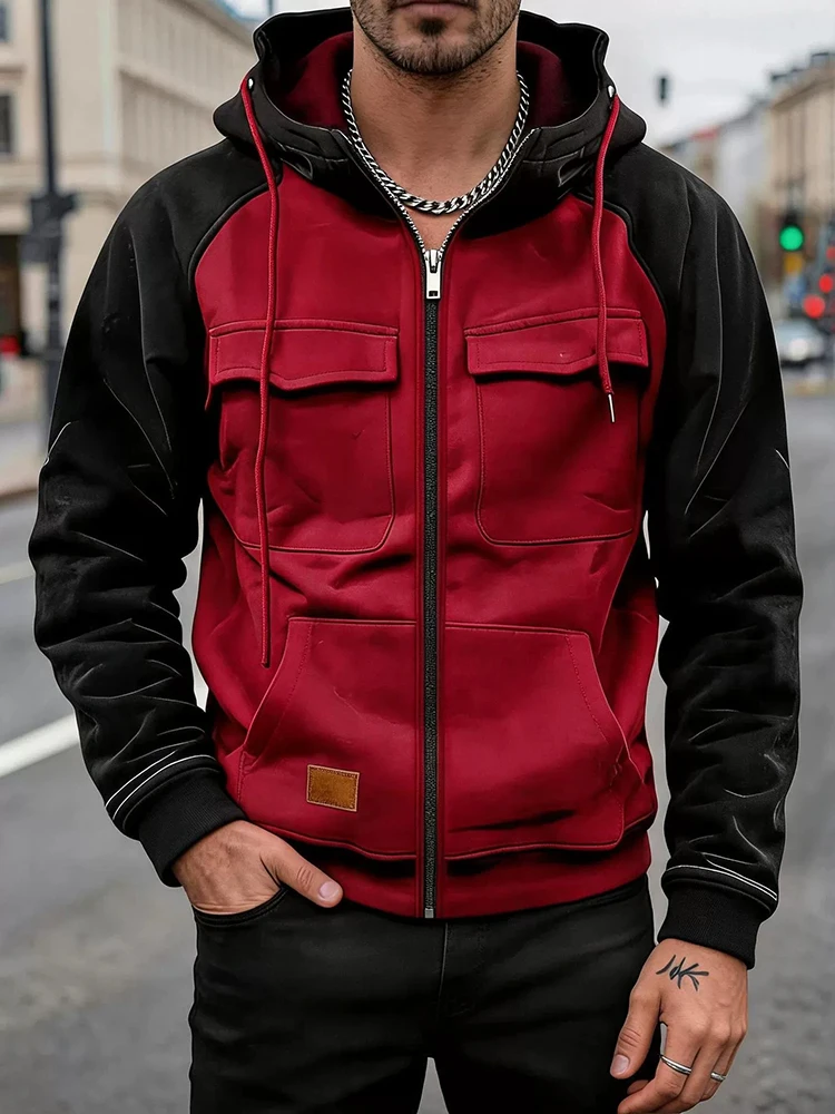 Fashionable Autumn Winter Hooded Jacket Contrast Color Long Sleeve Multi Cargo Pocket Sweatshirt Daily Street Matching Tops Men