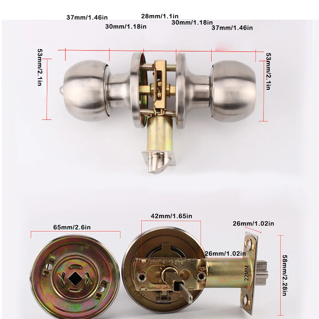 Round Door Knobs Knobset Metal Handle Knob Home Hotel Let Entrance Passage Padlock Lock with Key Living Room Bathroom