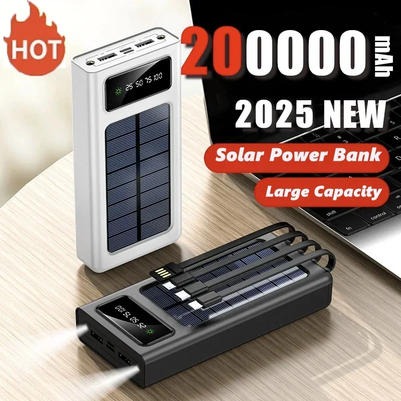 

200000mAh Solar Power Bank Super Fast Charging Ultra High Capacity 4 Wire Digital Display External Battery For iphone 15 Xiaomi