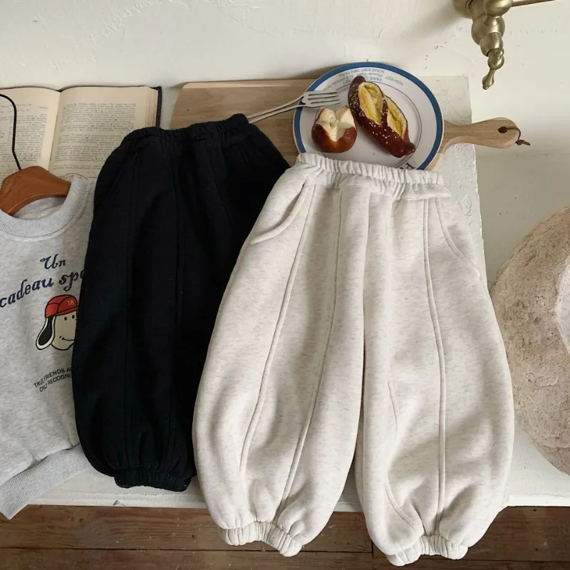 

Kids warm sweatpants 2025 Winter Boys' solid lining fleece thick sports trousers Girls' loose warm casual pants