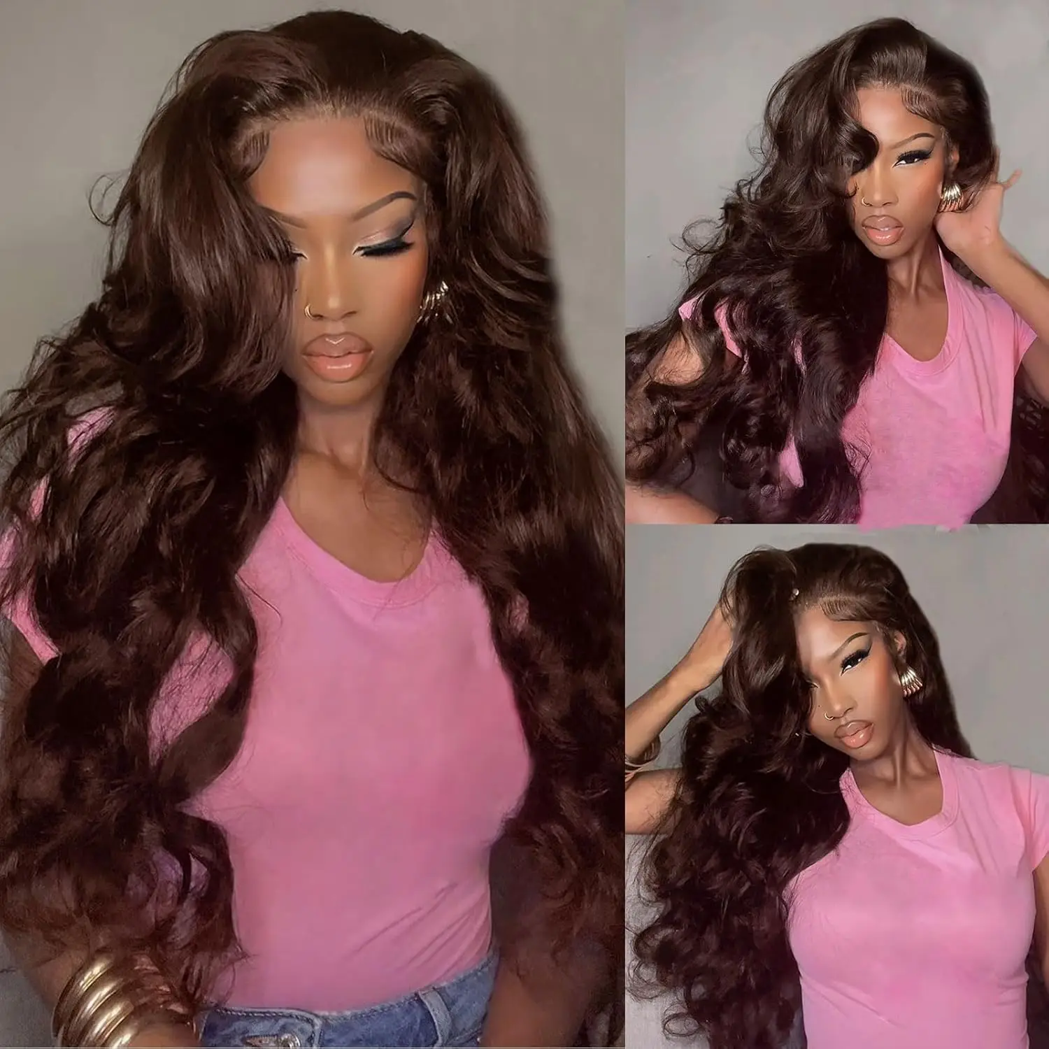 

26 Inch Chocolate Brown Lace Front Wig Human Hair 200% Body Wave Human Hair Wigs Pre Plucked 13x4 HD Lace Frontal Wig Brown Wig