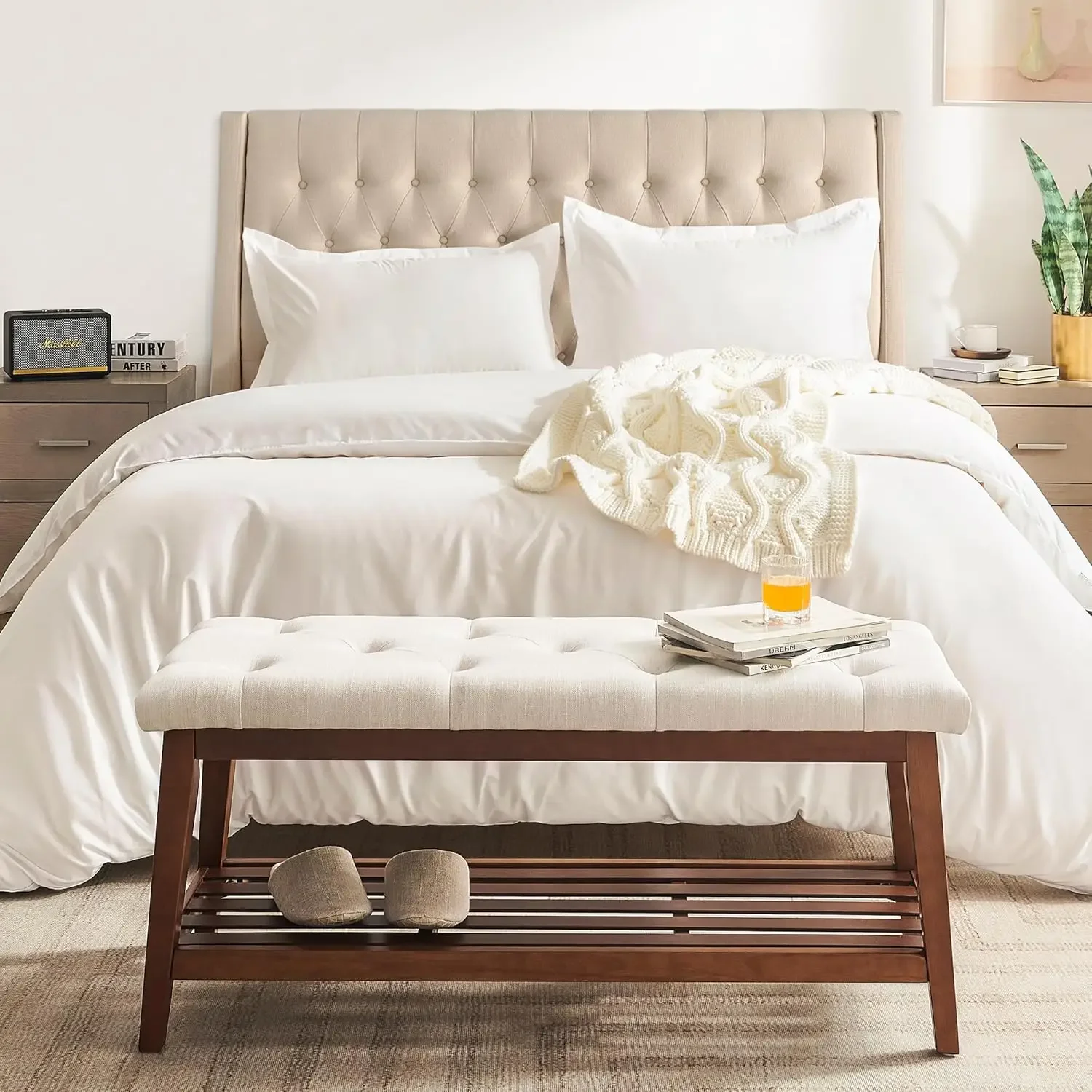 مقعد منجد لغرفة النوم نهاية السرير، مقعد مدخل 42.5 بوصة لغرفة المعيشة، مقعد طعام مع مقعد مبطن وخشب صلب #3