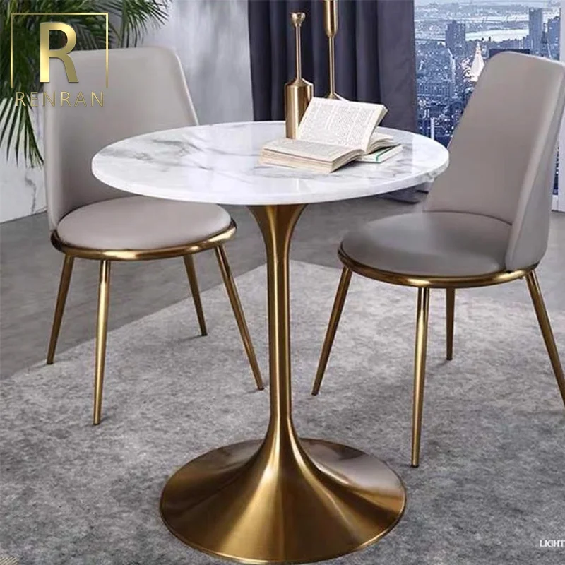 Moderno popular luxo redondo branco mármore superior base de ouro mesa jantar mesas do hotel redonda pedra superior mesas jantar café