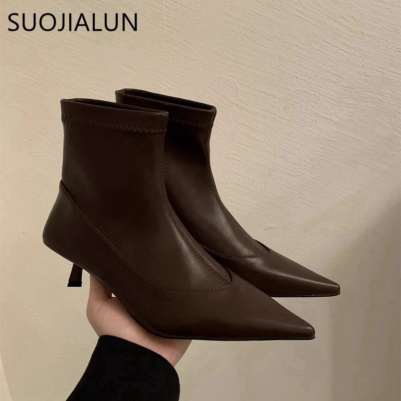 SUOJIALUN 2024 New Brand Women Ankle Boots Fashion Pointed Toe Slip On Ladies Elegant Short Boots Thin High Heel Dress Pumps Sho