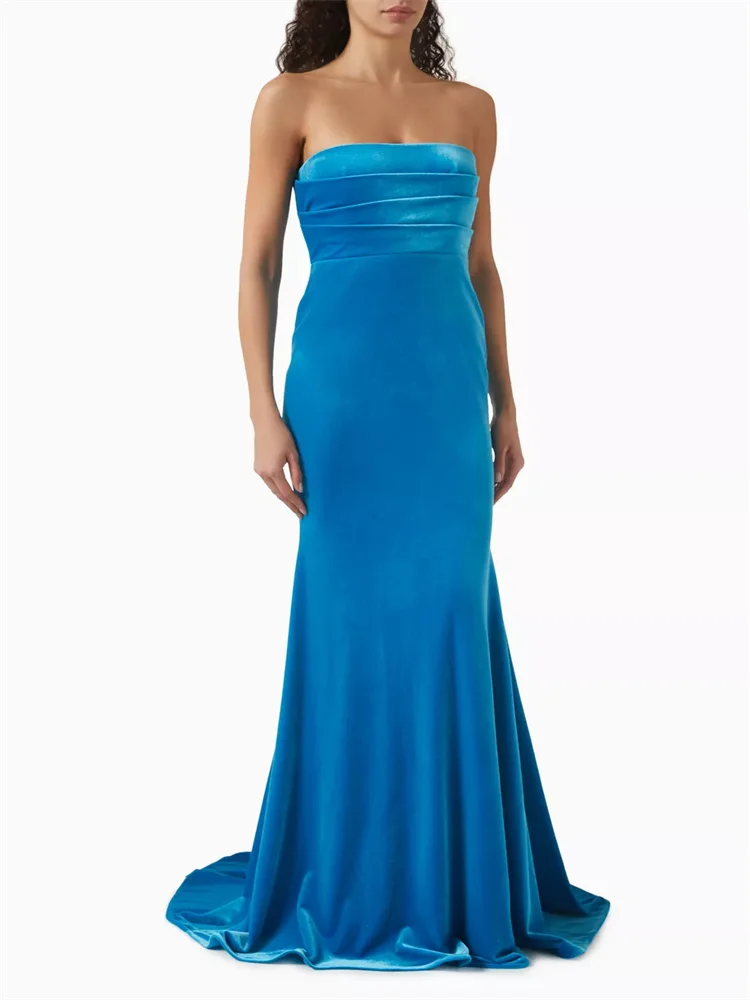 Customized Simple Velvet Draped Evening Gown, Sleeveless Tube Top Skirt, Pleated Design, Slim Fit Fishtail, Backless Maxi Dress