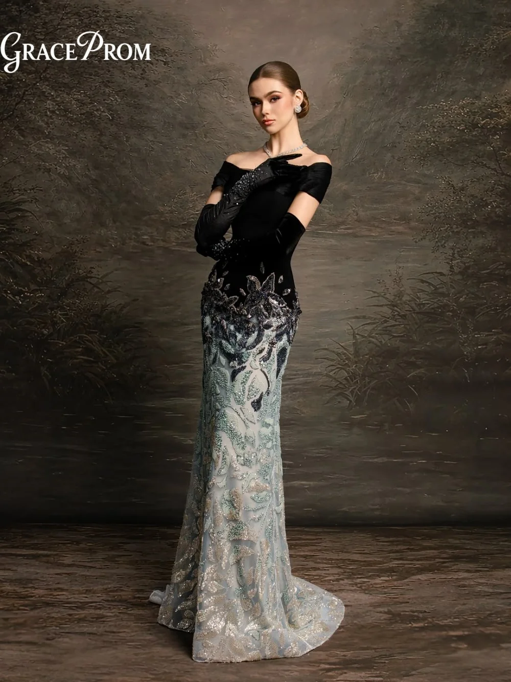 Timeless Off Shoulder Velvet Mermaid Evening Gown 2027 Gradient Beaded Formal Dress For Wedding Guest Luxury Crystal فساتين سهرة