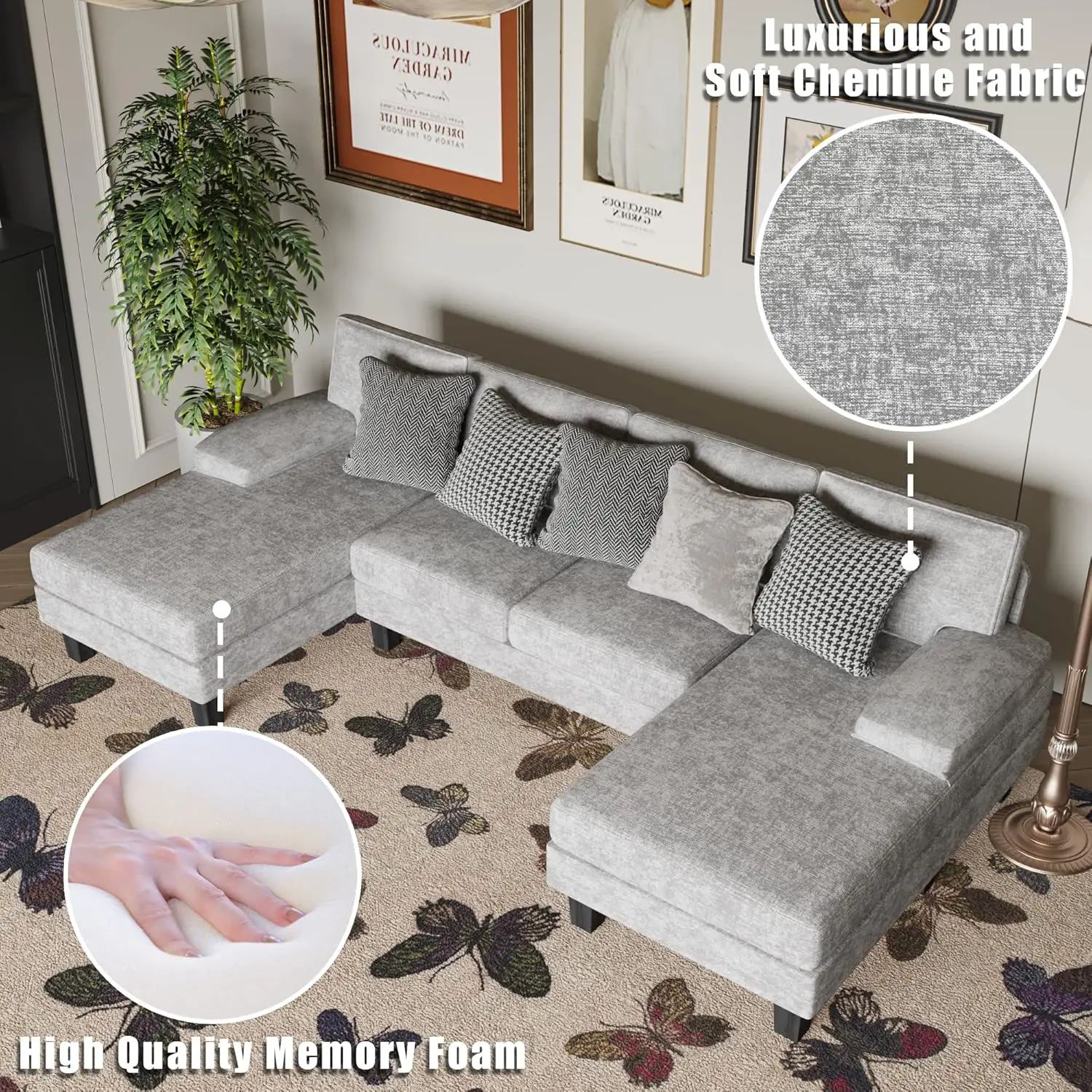 Convertible Sectional Sofa U-Shaped Couch with Soft Modern Cotton Chenille Fabric for Living Room, Oversized Seats