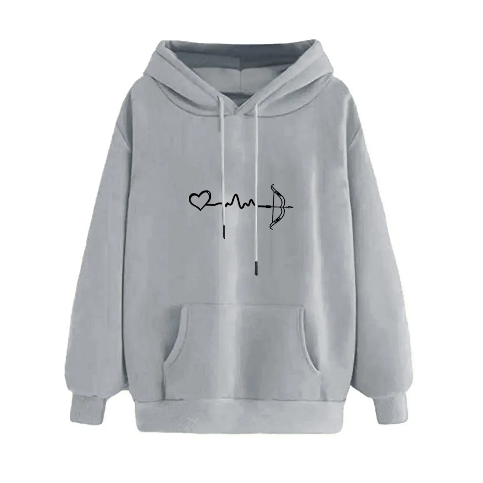 Hoodie Women Heart ECG Bow Arrow Line Print Pullover Sweatshirt Autumn Winter Casual Minimalist Kangaroo Pocket Tops