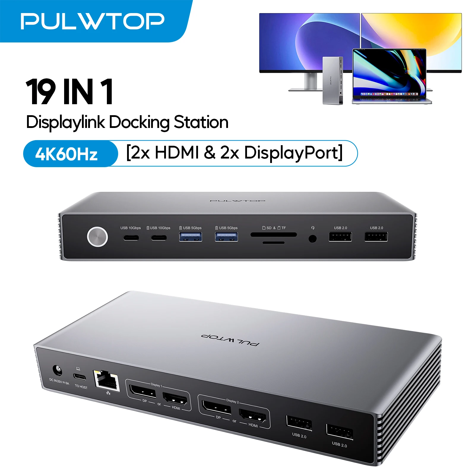 

PULWTOP Displaylink Docking Station, Displaylink Dock with 4K@60Hz 2HDMI, 2 Display Port, 2USB C Data, 6 USBA, Ethernet, Audio