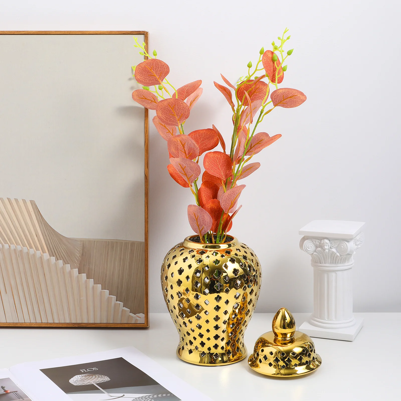 

Gold Ceramic Hollow Out Jar Artistic Flower Vase Wedding Garden Decorative Flower Holder Desktop Planter Display Vase