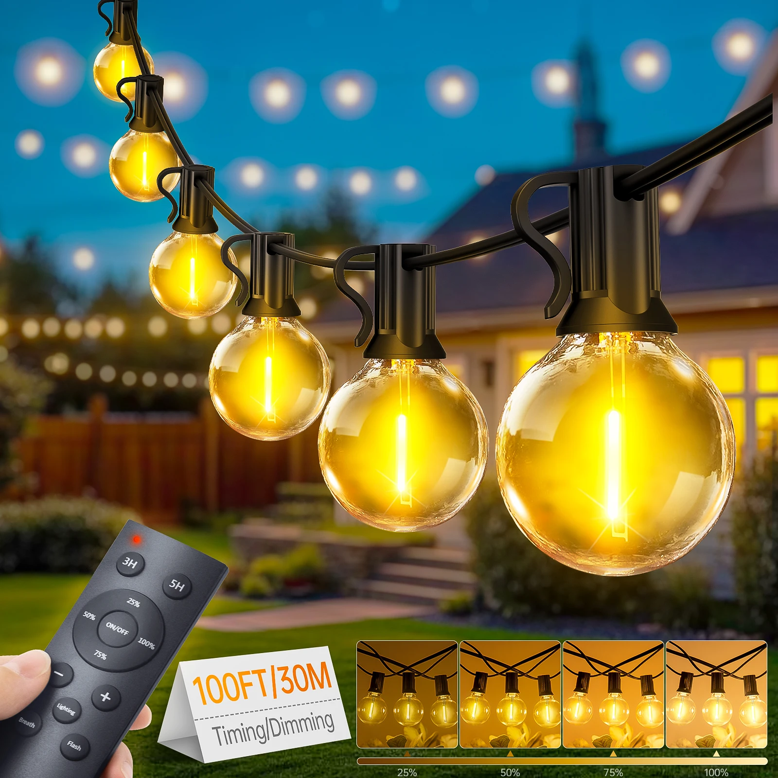 G40 30M LED Lichterkette für Außen mit Fernbedienung wasserdichte Plastikbirnen für Garten Hof Camping Hochzeitsdekoration und Atmosphärenlicht