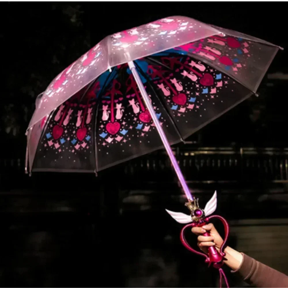 Modern Designer Stick Umbrella Luminous Cartoon Umbrella Transparent Sailormoon Paraguas For Women Girls Kids Gift