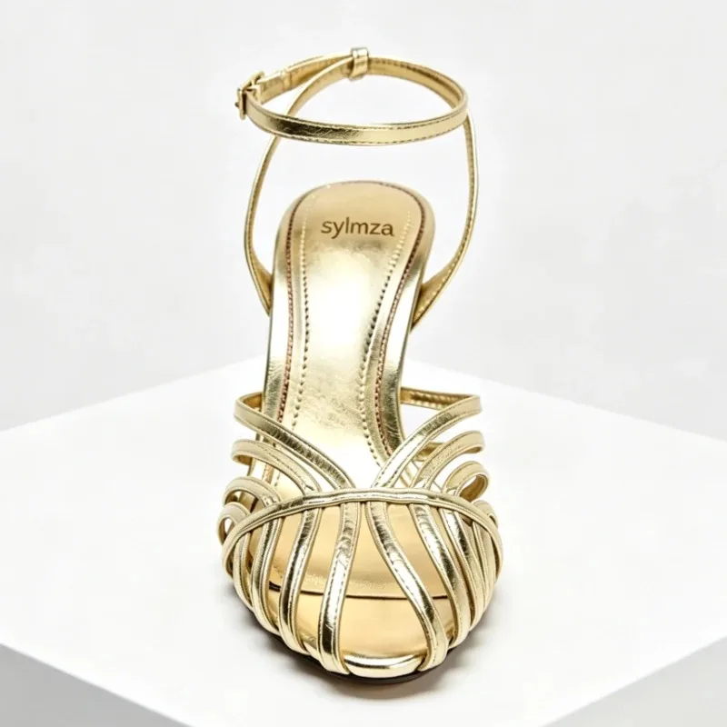 Sexy Gold Heels for Women Fashion Thin Strap Hollow Ankle Strap Design Heeled Sandals Ladies Elegant Party Evening Pumps Female