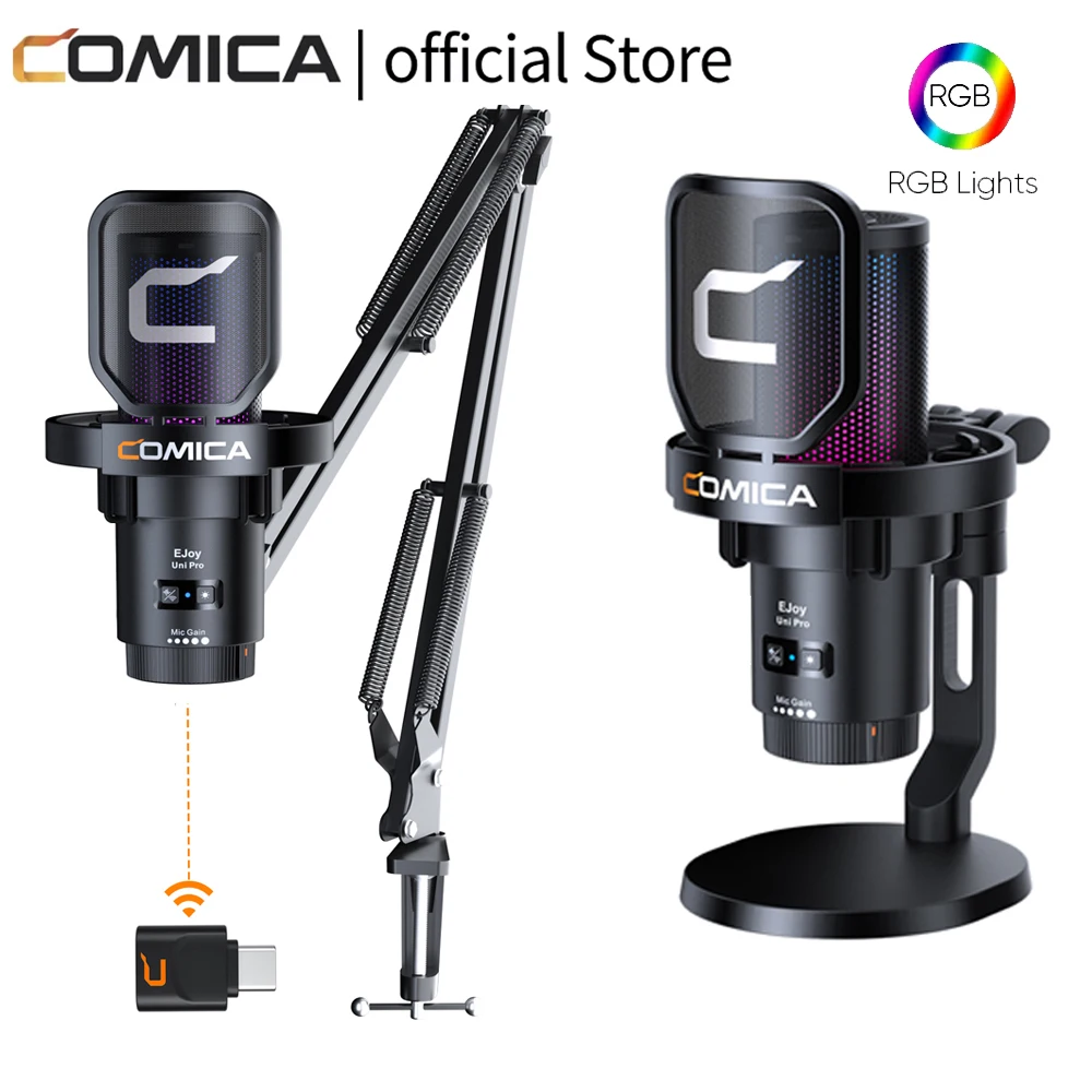 Comica Uni Pro Wire/Wireless USB Gaming Microphone for PC Laptop Smartphone Noise Cancellation Condenser Mic with RGB Lights