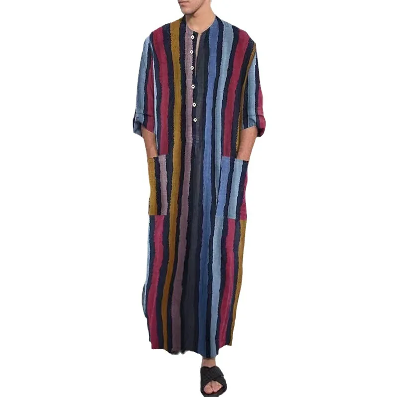 Hot Selling Men's Jubba Thobe Long Robe Loose Fit Striped Design for Spring Summer Leisure High-End One-Piece Muslim Clothing