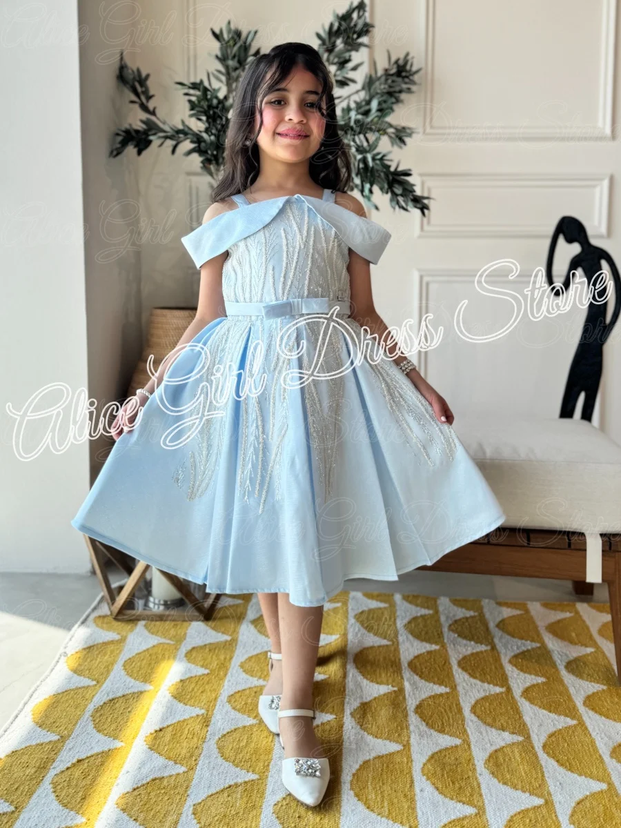 Customized Light Blue Flower Girl Dresses for Wedding with Bow Off The Shoulder Knee Length Birthday Party First Communion Gowns