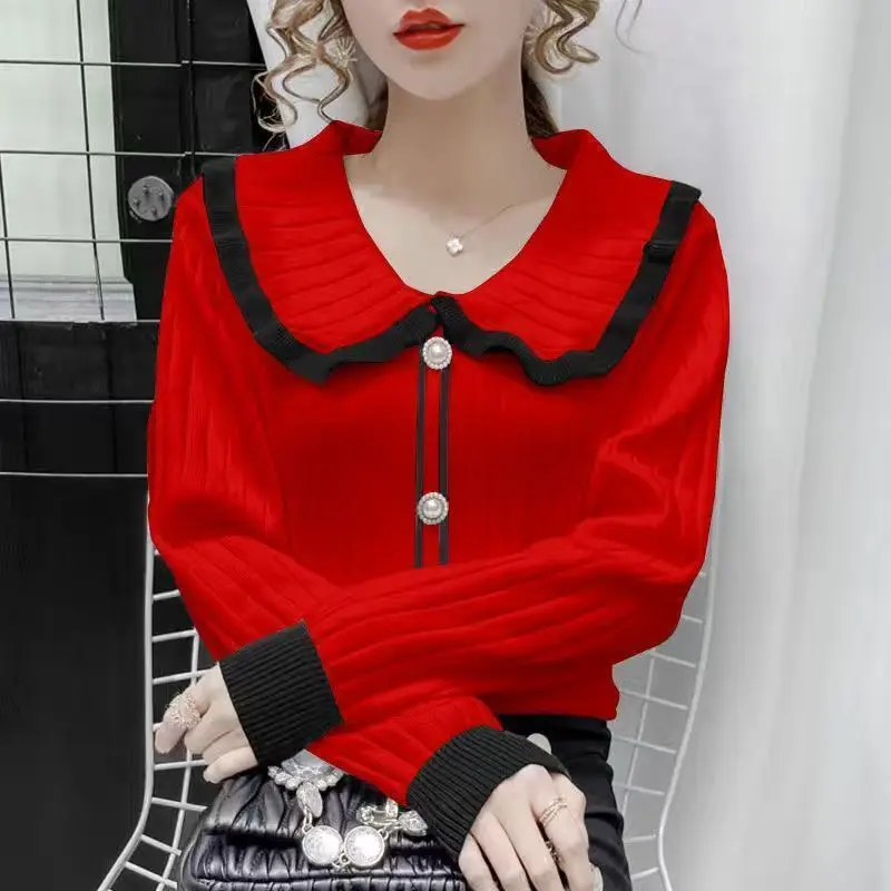 Stylish Peter Pan Collar Button Spliced Sweaters Female Clothing 2022 Autumn New Oversized Casual Pullovers All-match Sweet Tops