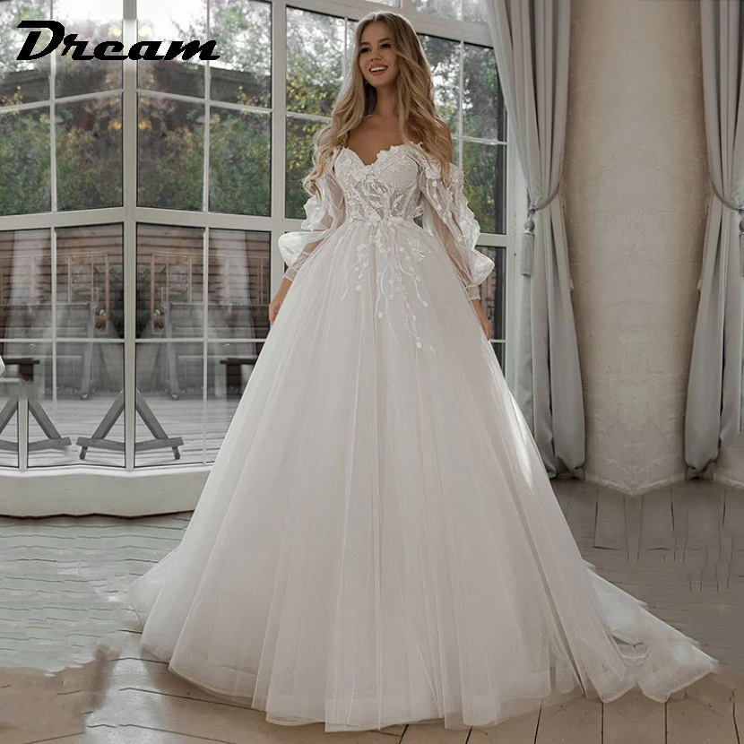 DREAM-Vestidos De Novia personalizados con hombros descubiertos, vestidos De Novia con purpurina De encaje, manga larga abombada, flores 3D, vestido De Novia bohemio 2025