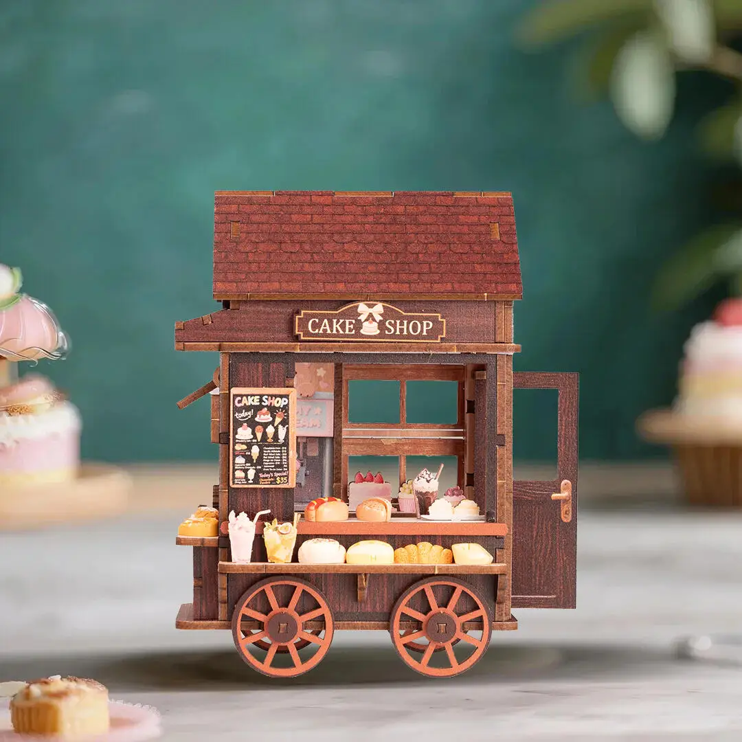 DIY Cake Shop Mini Casa Miniatur-Modellbausätze aus Holz mit LED-Leuchten Puppenhaus mit Möbeln 3D-Puzzle für Freunde Geburtstagsgeschenk