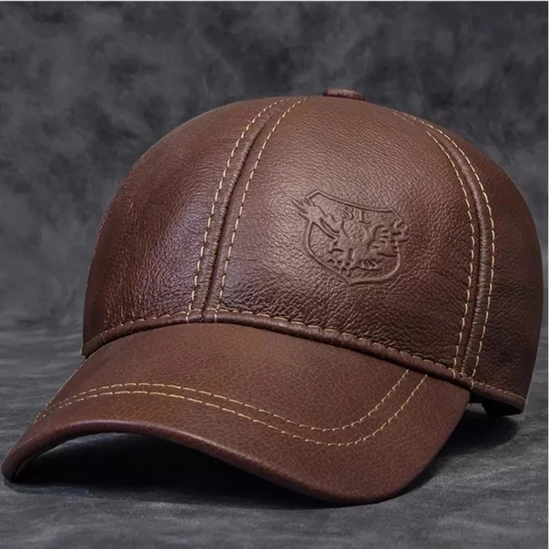 2024 Male Genuine Leather Cowhide 56-60CM Black/Brown Baseball Caps Eagle Print For Man Casual Street Gf Gorras Dad Hat