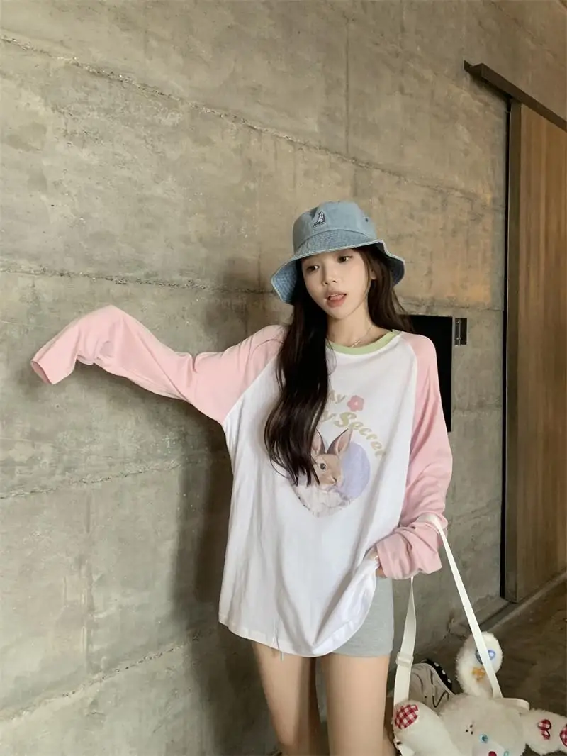 Korean Chic Sweet Loose Long Sleeve Tshirts Contrast Color Patchwork Cartoon Printed Graphic Tee Shirts Y2k Aesthetic E-girl Top