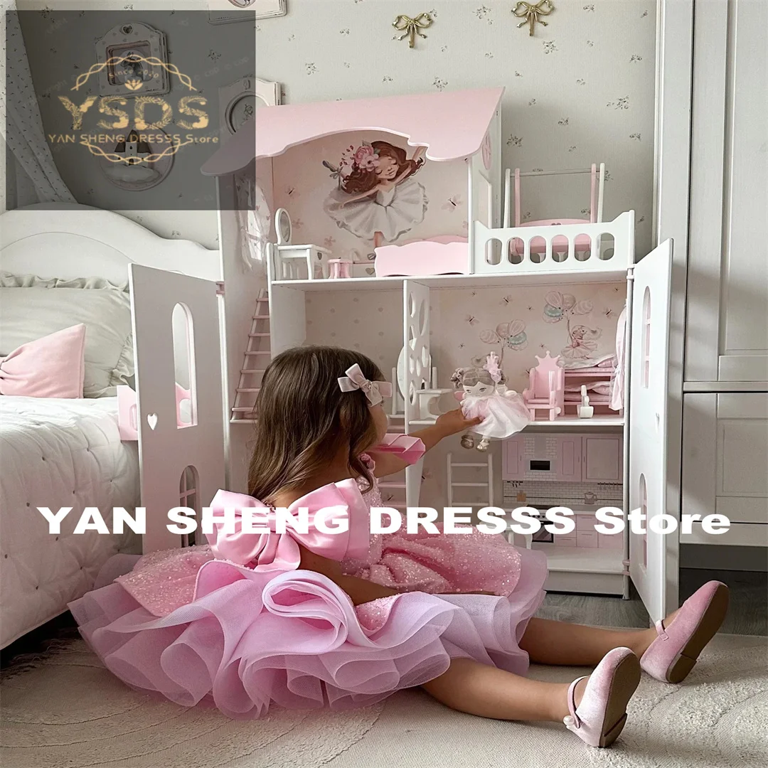 Customized Lovely Pink Flower Girl Dress for Wedding Sequins Beading with Bow Kids Birthday Party First Communion Ball Gowns