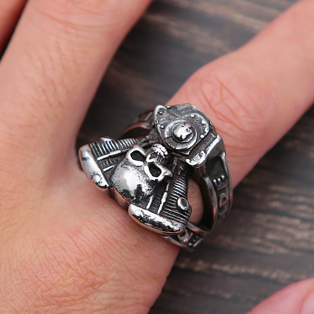 Steampunk Motorcycle Engine Skull Ring For Men Fashion Hip Hop 316L Stainless Steel Biker Ring Fashion Jewelry Gift Wholesale