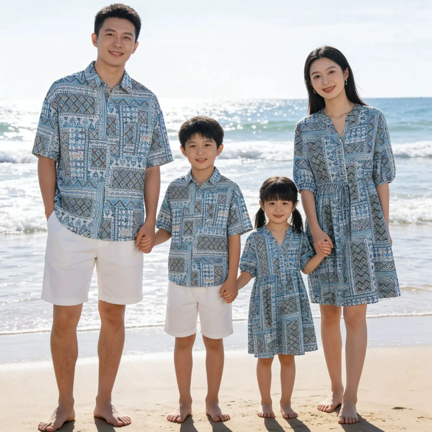 2026 Summer Boho Family Matching Outfits Cotton Ethnic Print Dress Set Mom Daughter Son Holiday Beach Vacation Wear