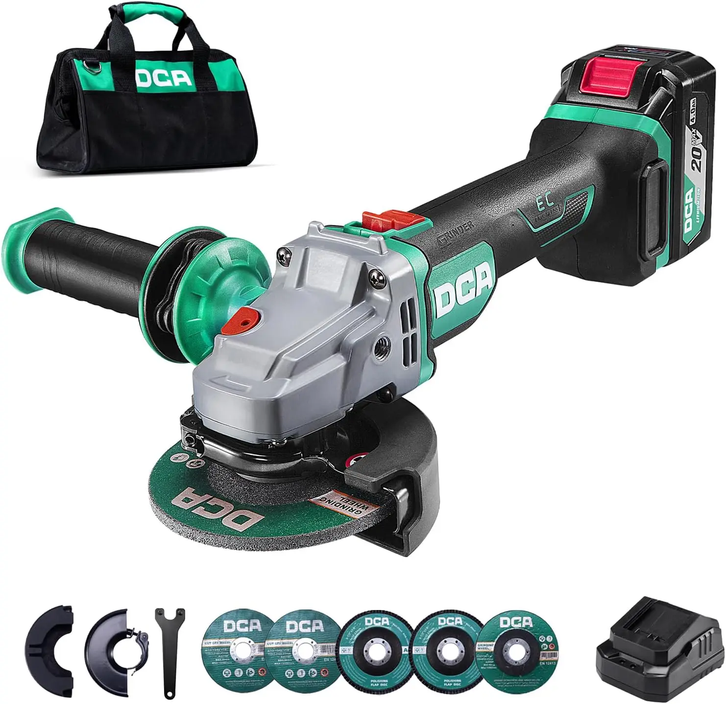 

20V Cordless Angle Grinder, 4-1/2 Inch, Brushless Motor 8500RPM, Tool-Free Guard with Battery & Charger and Discs for Cutting