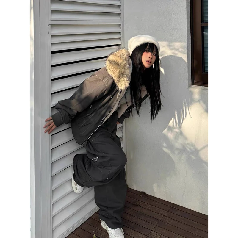 YIBASHU Zimní dámská vlněná bunda s kapucí z jehněčí vlny, americký retro kabát z umělé kožešiny, korejský styl Y2k z roku 2000, silná teplá bunda - náhled 3