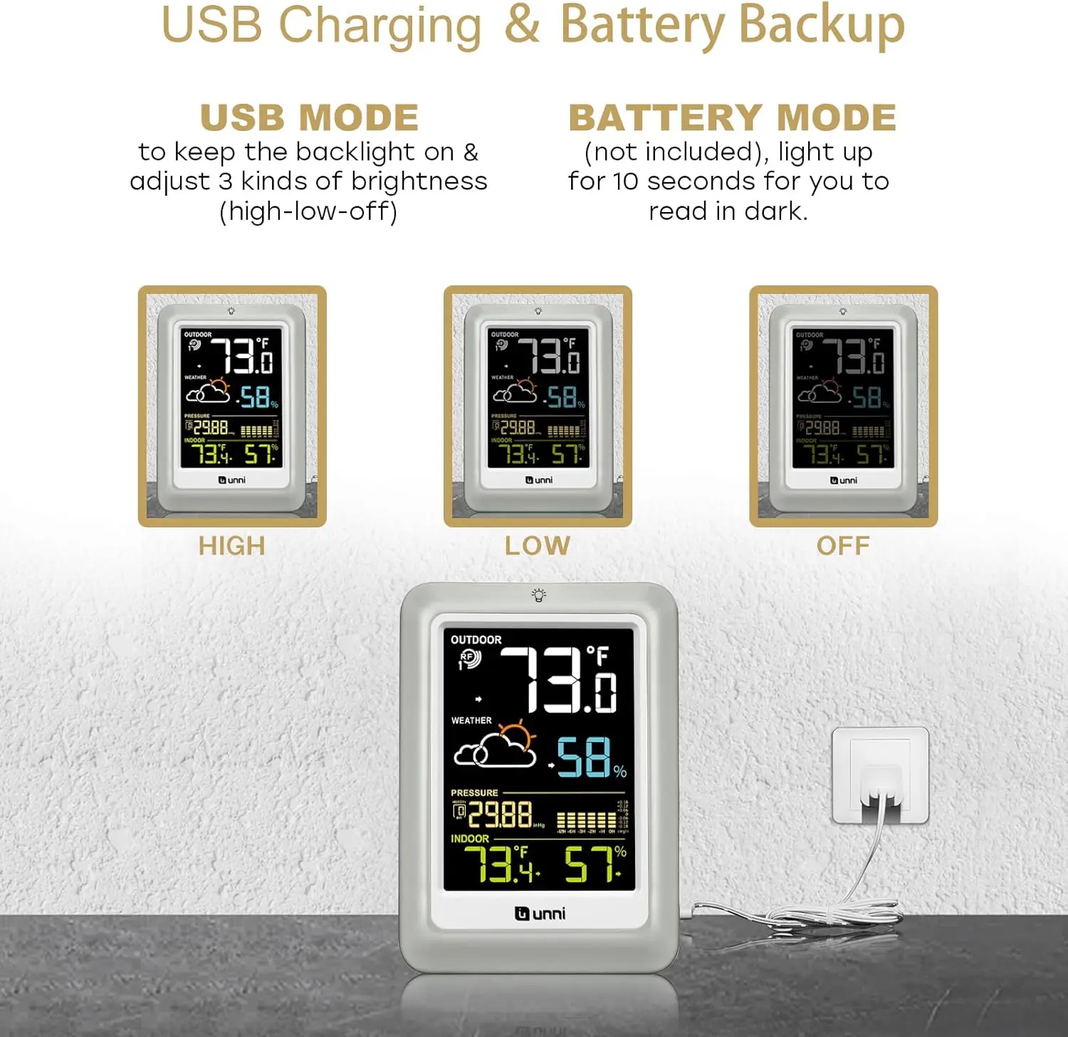 Wireless Indoor Outdoor Thermometer with 330ft Range, Adjustable Backlight, Weather Station Monitor