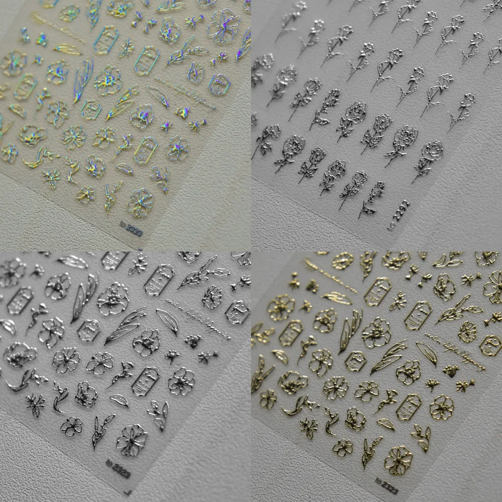 Bronzing Nail Art Stickers Holographic Gold Silver Flower Embossed Nail Art Decoration Manicure Japanese Wraps Accessoire