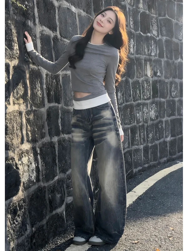 

Retro American White Washed Curved Knife Jeans High Waist Loose Straight Leg Trousers for Women Spring Season Fashion