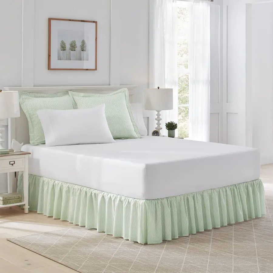 

Home Twin Bedskirt, Cotton Ruffled Bedding, Smooth amp Lightweight, Dorm Essentials, OekoTex Certified Ticking Stripe Green