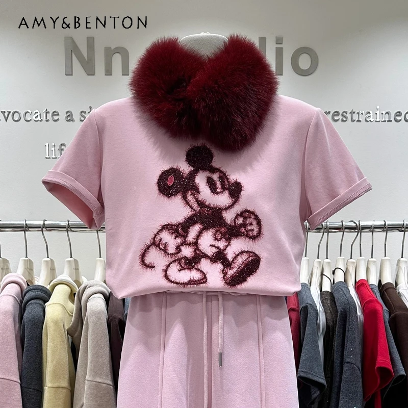 

Thickened Brushed Short Sleeves T-shirt Ladies Autumn Heavy Industry Embroidery Cartoon Design Age-Reducing Crew Neck Top Tshirt