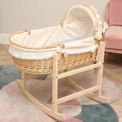 2024 New Upgrade Wooden Portable Baby Cradle Bed with Roller Baby Rocker 360 Degree Rotating Wheel Newborn Baby Crib 0-24M