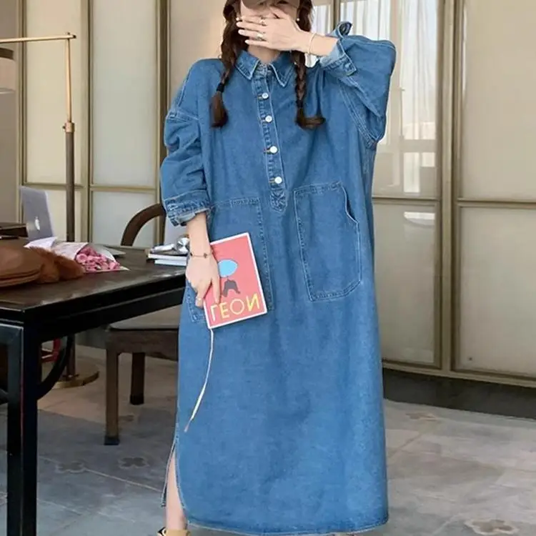 

plus Size 300 Pou Fat MM Hong Kong Sle Retro Denim Dr Women's Spring Autumn Loose Agel Long irt Dr