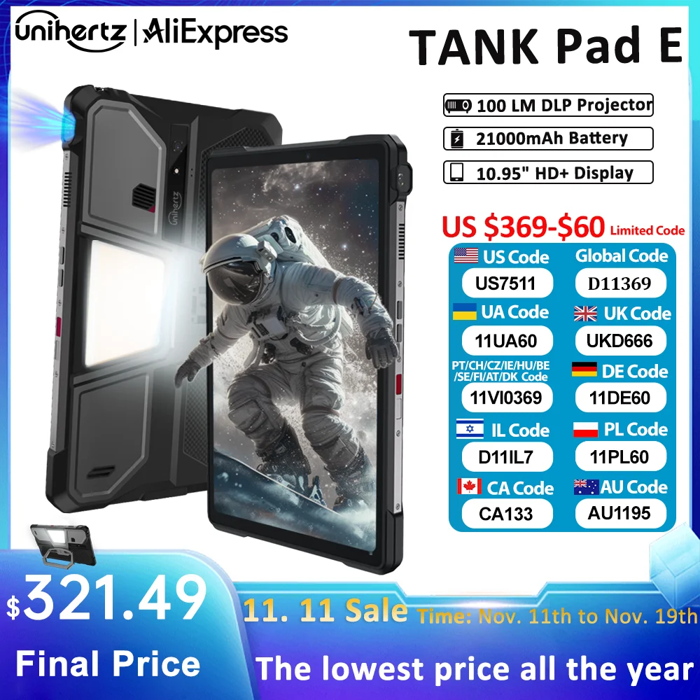 Unihertz 8849 TANK PAD E Rugged Tablet with Projector Android 21000mAh 120Hz 50MP Camera 24GB 512GB 66W 10.95 inch Phone Tablet