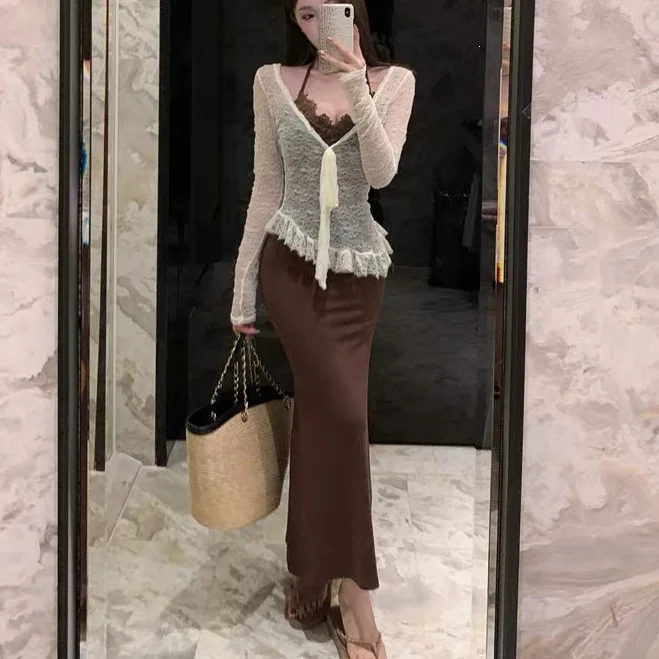 Elegant Lace Long Sleeve Women's Dress Neck Hanging Skirt Two-Piece Set Spring Autumn Season Bodycon Floor-Length Gown
