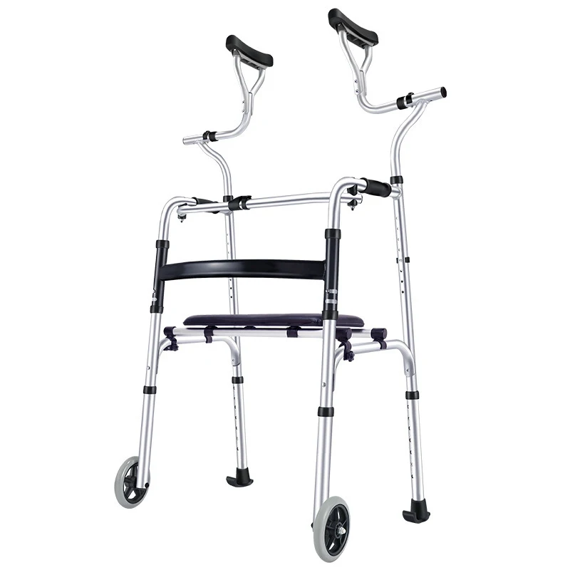 Aluminium Armpit Crutch, Foldable Walker with Seat, Rehabilitation Aid for Elderly and Disabled, Portable Walking Stick Support