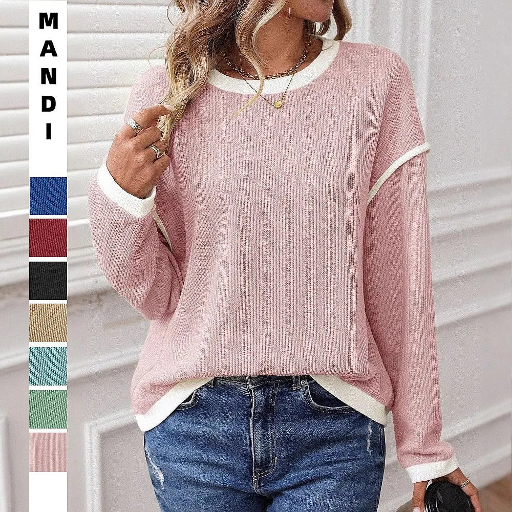 Women's Round Neck Color Block Sweater Pullover Tunic Top Loose Knitwear Blouse Tops