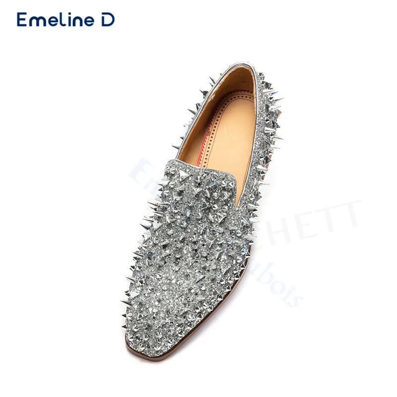 Silver Studded Luxury Loafers Round Toe Chunky Heels Slip-On Shiny Rhinestone Casual Shoes Fashionable Men's Performance Shoes