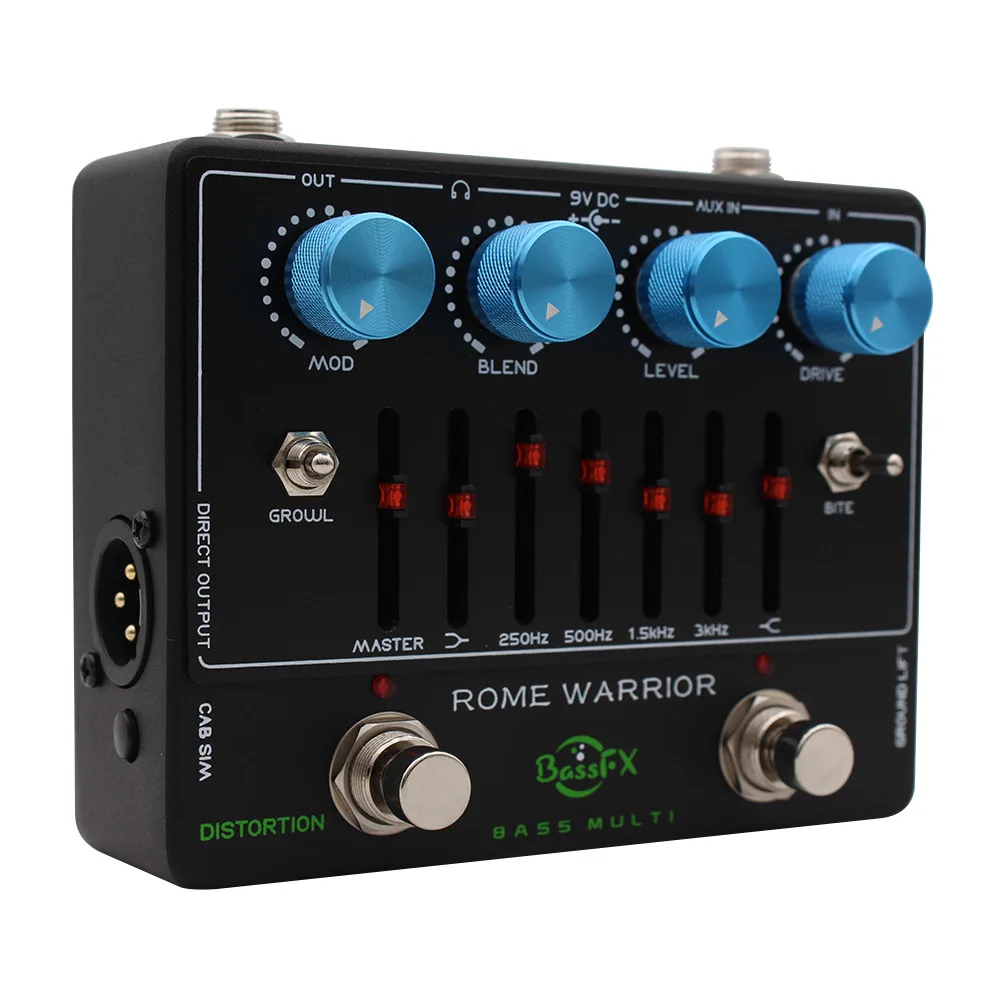 Fanmuzk ROME WARRIOR Electric Bass Preamp Pedal 6-Band Graphic EQ Distortion DI Box Headphone Aux-In for Stage Studio