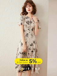 LOUIS YAO Women Dress 2024 Summer Elegant Print Floral Retro Basic Slim Fit Fuff Sleeve Short Sleeve V Neck Long Dress for Women