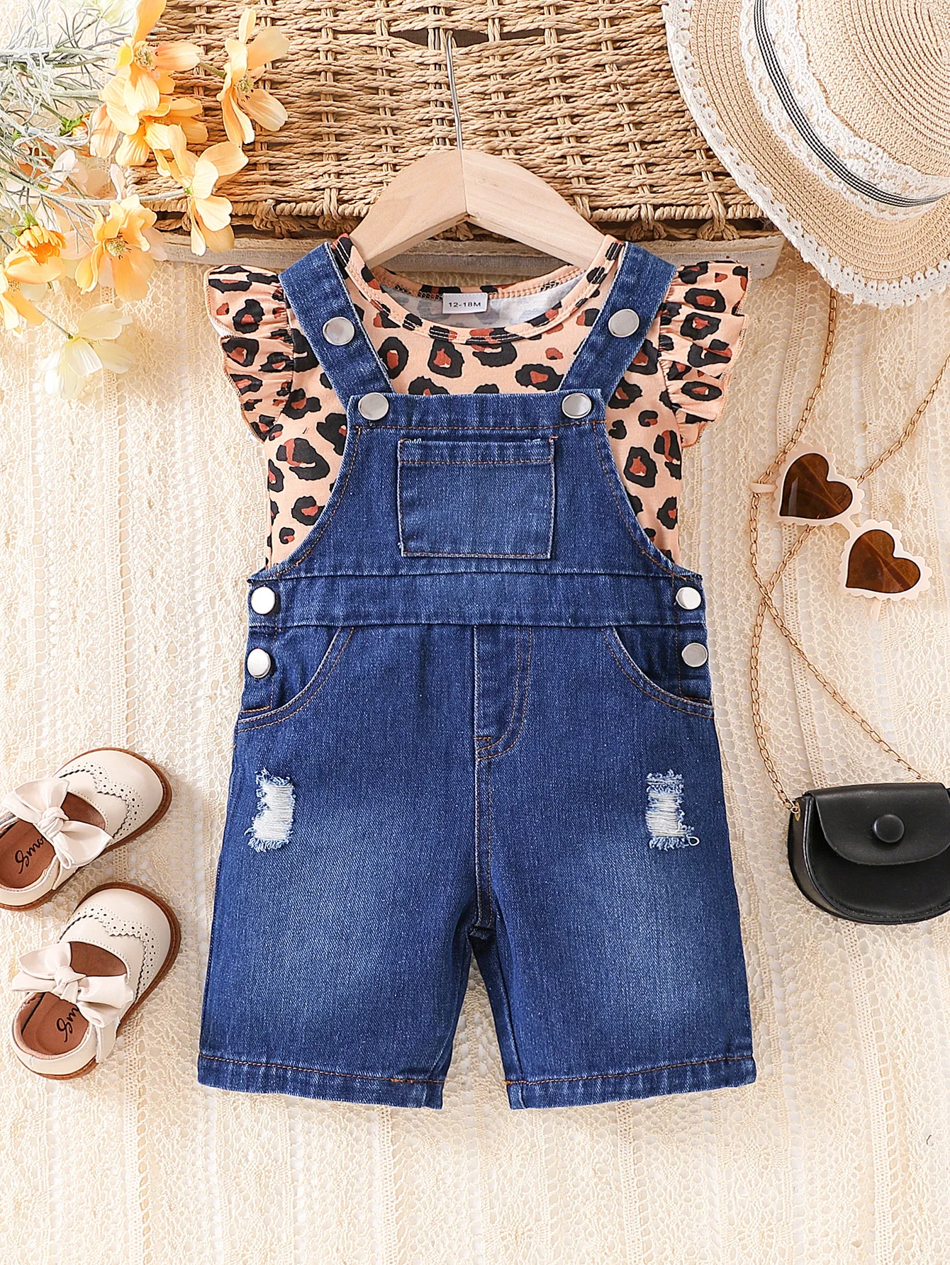 Baby Overall Denim - 2 Buah Set Atasan Ruffle Macan
