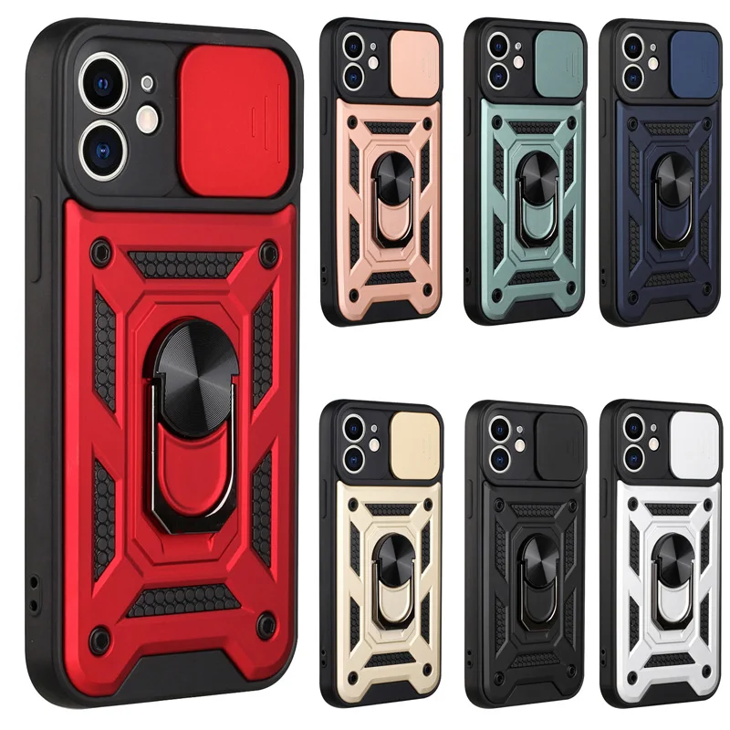 For iPhone 15 14 13 12 11 Pro Max Mini XS XR X 7 8 Plus Military Grade Bumpers Ring Cover Slide Camera Lens Protector Armor Case