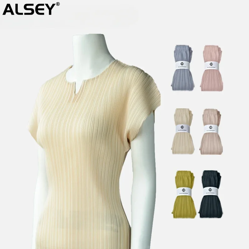 

ALSEY Miyake Pleated Summer New Design Hundred Tops Women Fashion Office Lady Elegant Temperament V-Neck Split T-Shirt