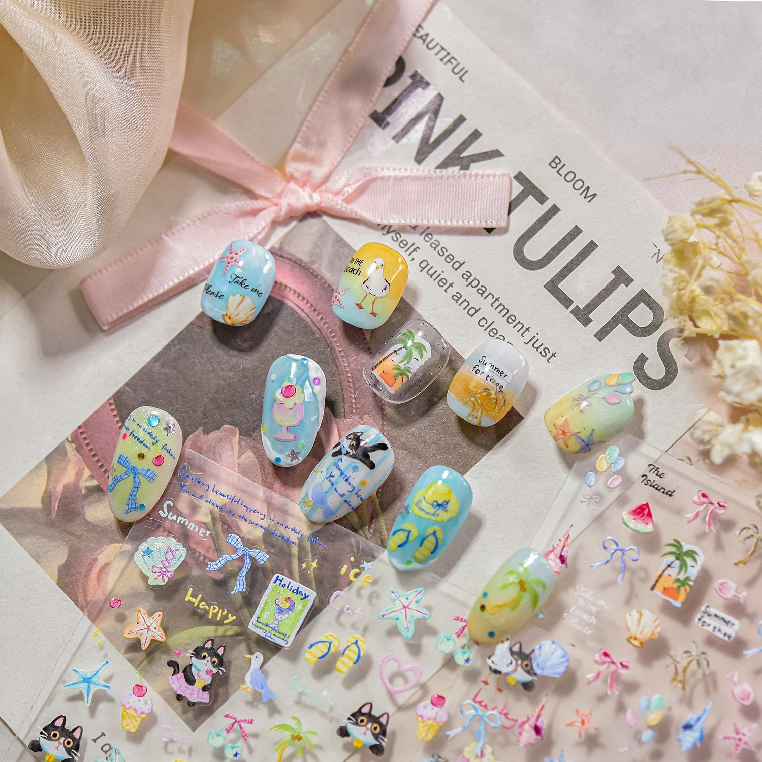 1 قطعة لطيف القط الطيور 5D ملصقات الأظافر مسمار الفن اكسسوارات الصيف الشاطئ نمط مسمار الفن لوازم القش قبعة القوس ملصق #6