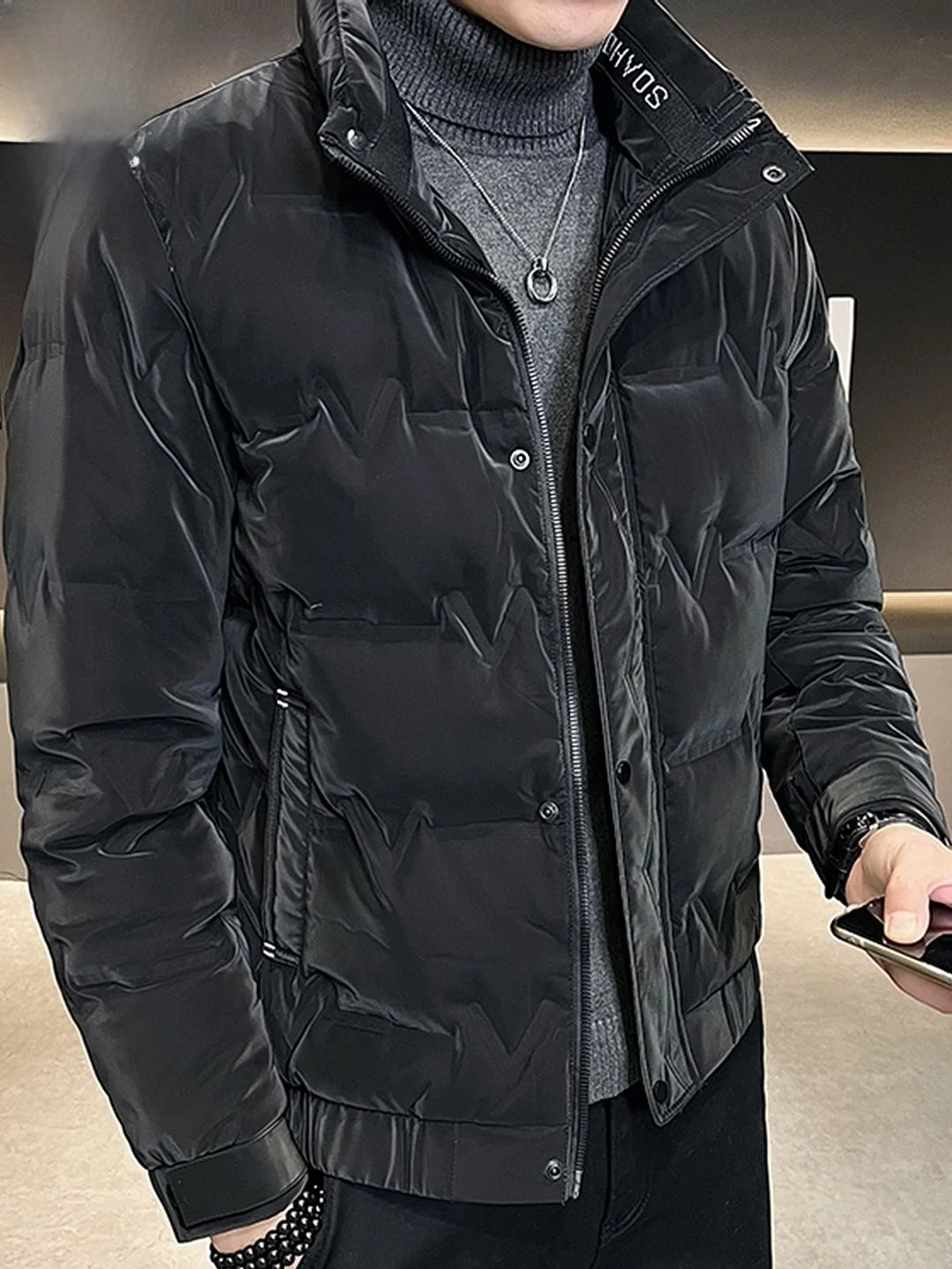 

Мужская пуховая куртка свободного кроя с воротником-стойкой, модное зимнее пальто, теплая утолщенная модель с длинными рукавами из полиэстера